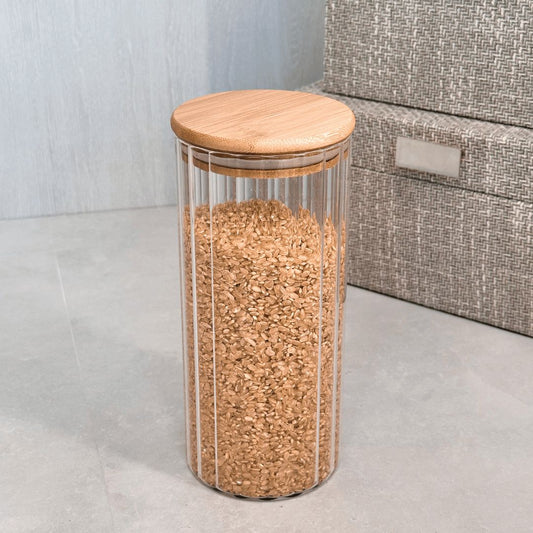 Porta Mantimento de Vidro Canelado com Tampa de Bambu 1 Litro,