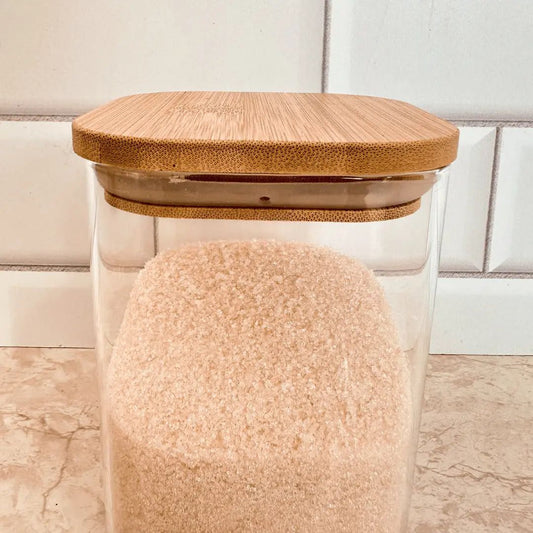 Porta Mantimentos de Vidro Quadrado com Tampa de Bambu 800