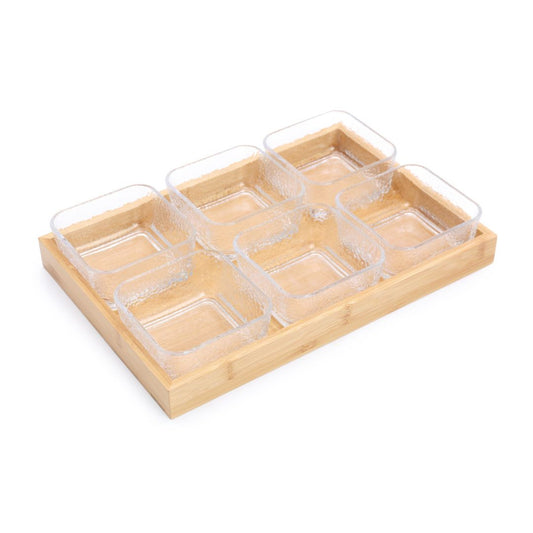 Petisqueira de Bambu 32 cm com 6 Bowls de Vidro