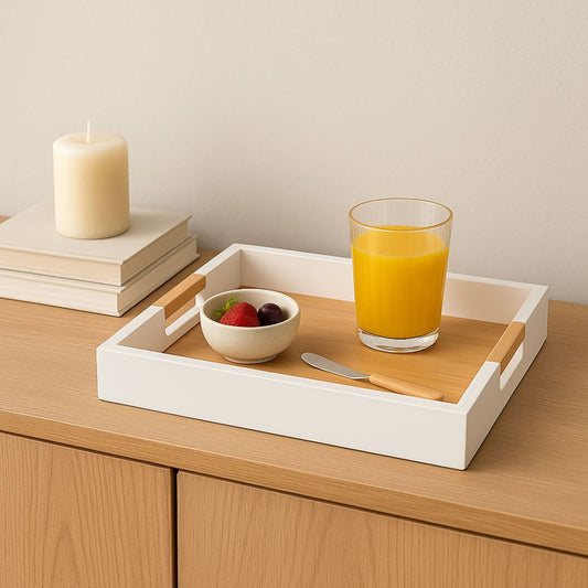 Bandeja Decorativa de Madeira Branca com Alças de Rattan 40 cm