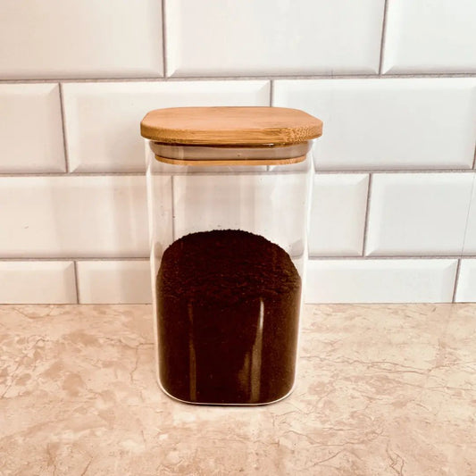 Porta Mantimentos de Vidro Quadrado com Tampa de Bambu 1,1 Litro