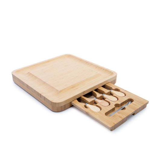 Tábua de Queijos de Bambu 33 cm com Gaveta, Facas e Garfos, 9 Peças
