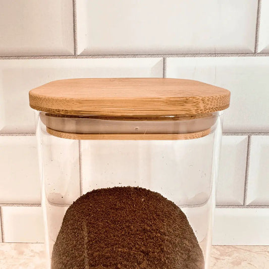 Porta Mantimentos de Vidro Quadrado com Tampa de Bambu 1,1 Litro