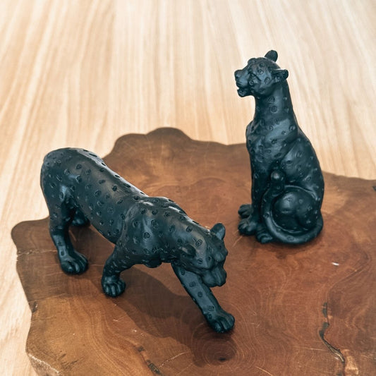 Kit 2 Esculturas Decorativas de Leopardo em Polirresina Preto Fosco